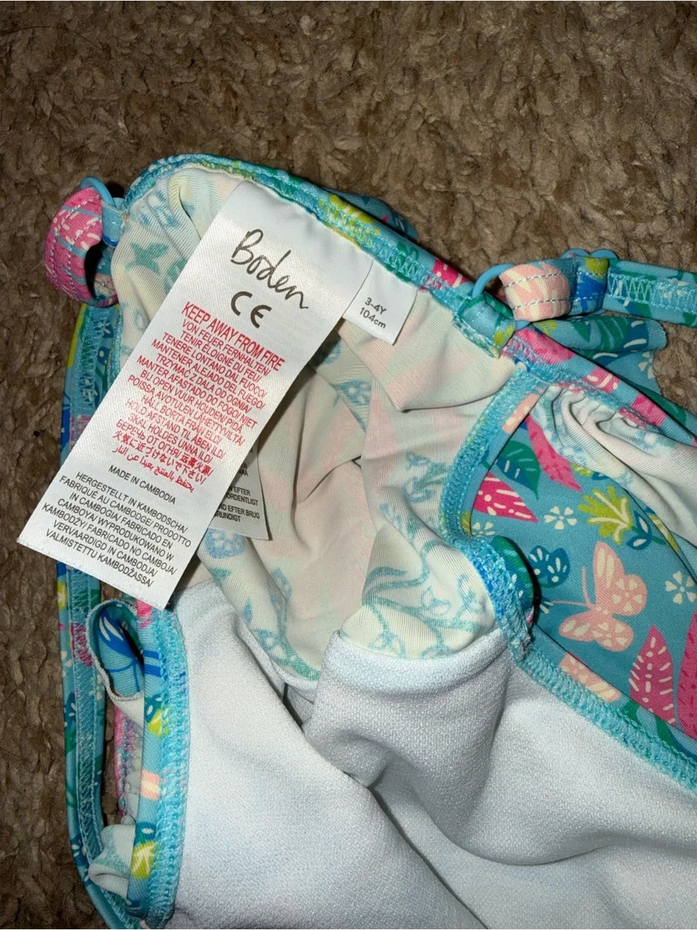 Mini Boden Girls Aqua One-Piece Swim with Pink Palm Print